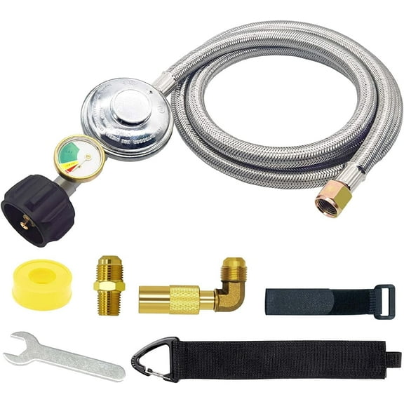 Upgraded 6 FT Stainless Braided Propane Regulator Hose with Gauge, QCC1 Propane Adapter Hose Regulator for 20lb Tank with Elbow Adaptor, Replacement Part for Blackstone Weber LP Gas Grill Heater