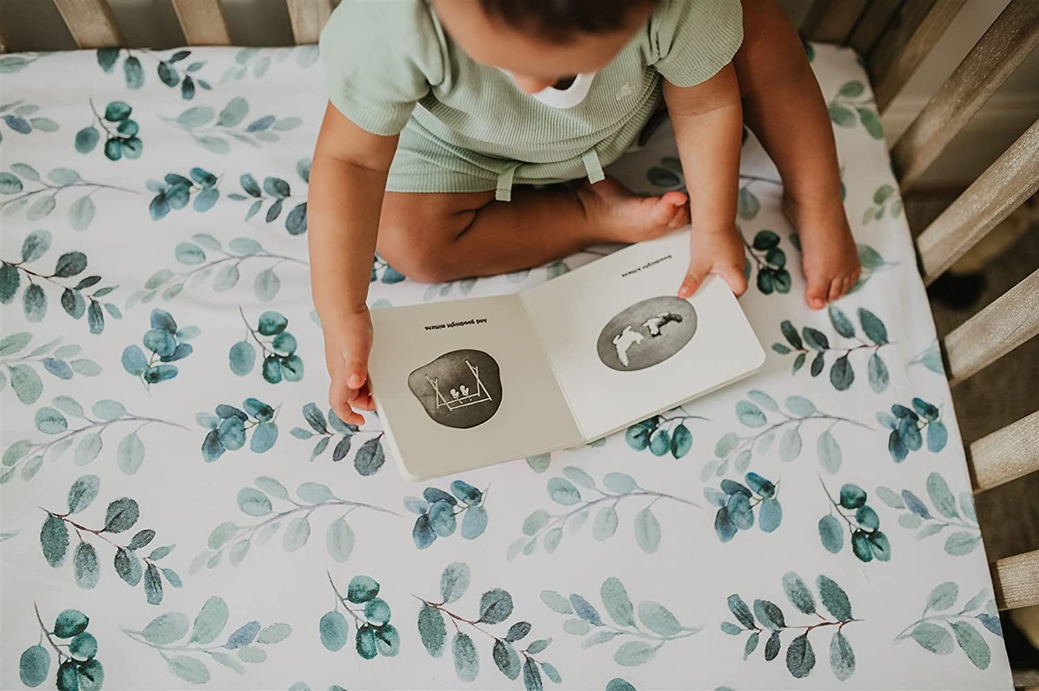 NODNAL CO. Green Leafy Cotton Crib Fitted Sheet Set, 100% OEKO-TEX Cotton, 3 Pieces, for Baby Girl or Boy Infant/Toddler Nursery Bedding, Gender Neutral Leafs, Greenery, Floral Eucalyptus