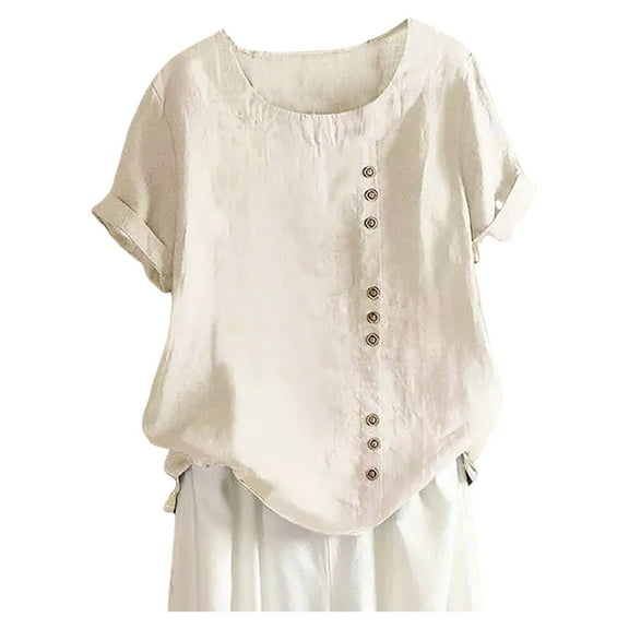 Women's Plus Size Cotton Linen Boho Tunic Top - Loose Breathable Casual Blouse, 3/4 Sleeve, Round Neck, S-5XL