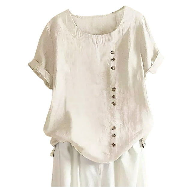 WEIYLL Ladies T Shirts Plus Size Linen Loose Tunic Breathable Boho Solid Beige Tee Sizes XXXXL