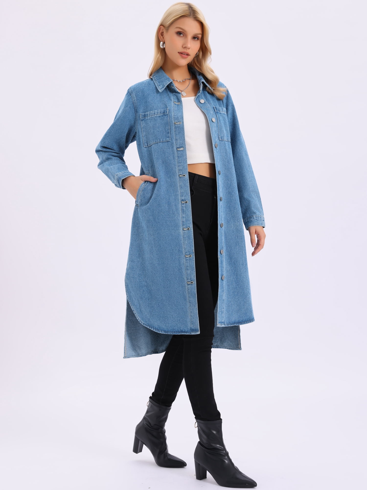 DARING DIVA Womens Fall Curved Hem Button Down Midi Denim Dress L Light Blue