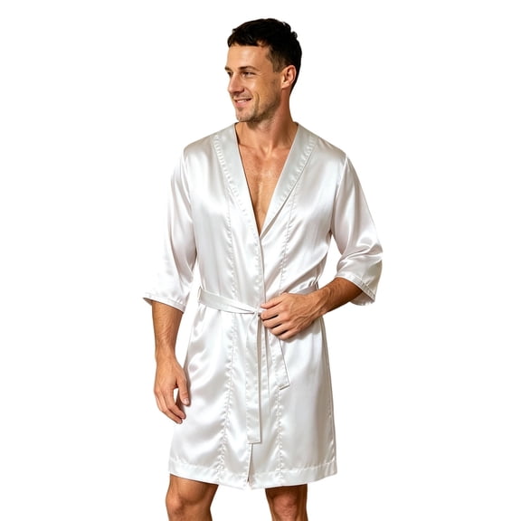 BELTNOV Men's Satin Robe Short Kimono Bathrobe Lightweight Silky Sleepwear Loungewear with Belt Soft Spa Robe for Nightwear White