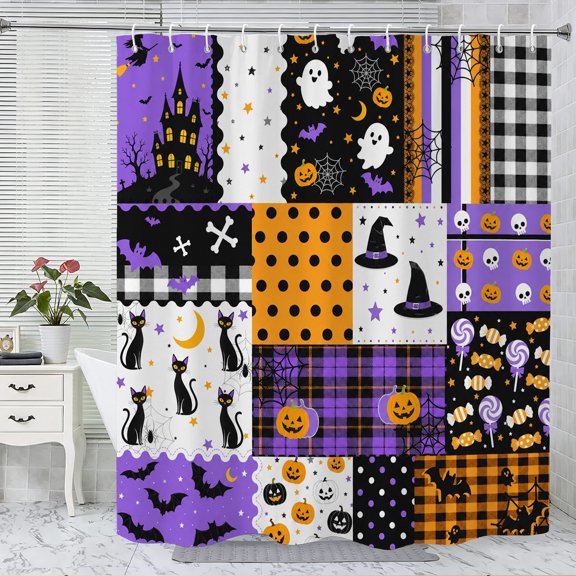 Halloween Cartoon Collage Shower Curtain, Holiday Bathroom Decor, Polyester Fabric Waterproof Machine Washable, Halloween Home Party Decoration, 72 x 72 Inches