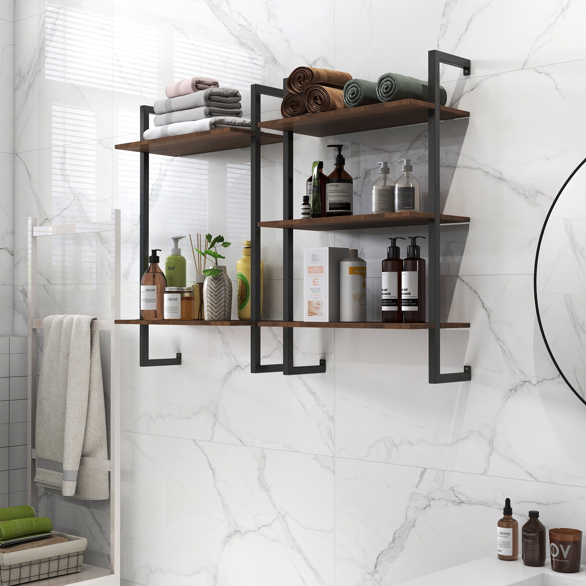3-Tier 2-Tier Wall Mounted Bathroom Storage Shelves Metal Wood Organizer, White