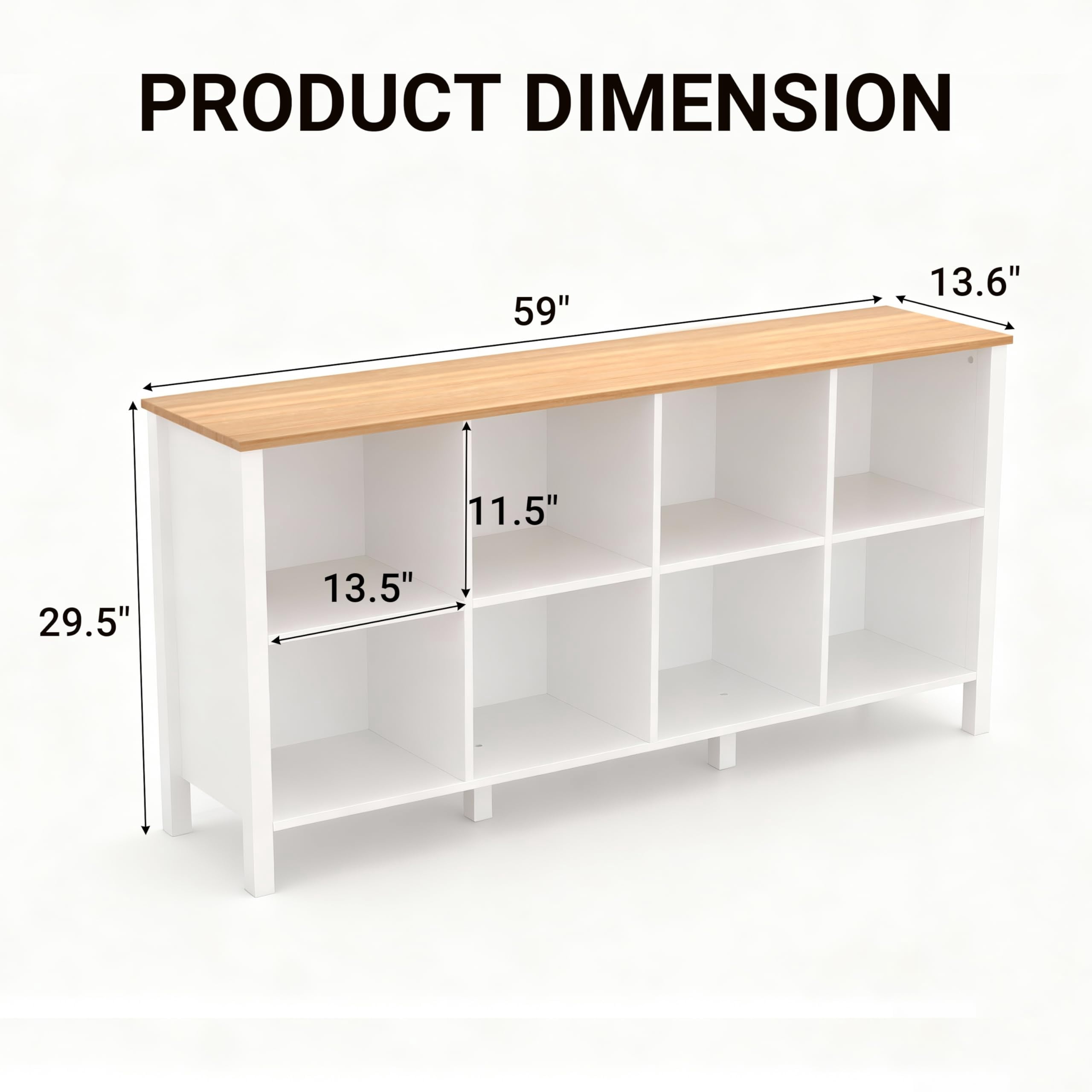 NEWADARA 8-Cube Bookcase, Farmhouse Wooden Bookshelf Low Storage Organizer, 59" Horizontal White Console with Legs, Hallway Book Case for Entryway, Display Cabinet for Living Room (White, 8-Cube)