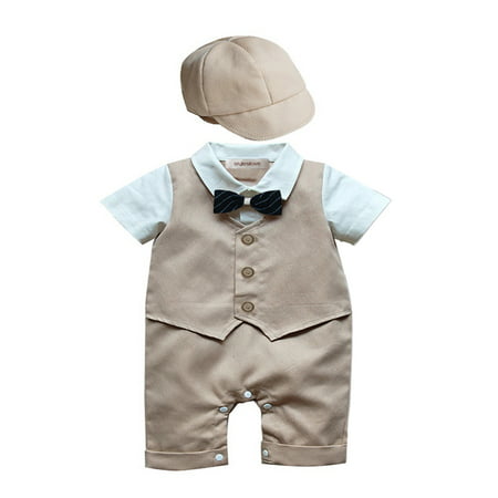 StylesILove Baby Boy Formal Wear Romper and Hat 2-piece (6-12 Months, Khaki)