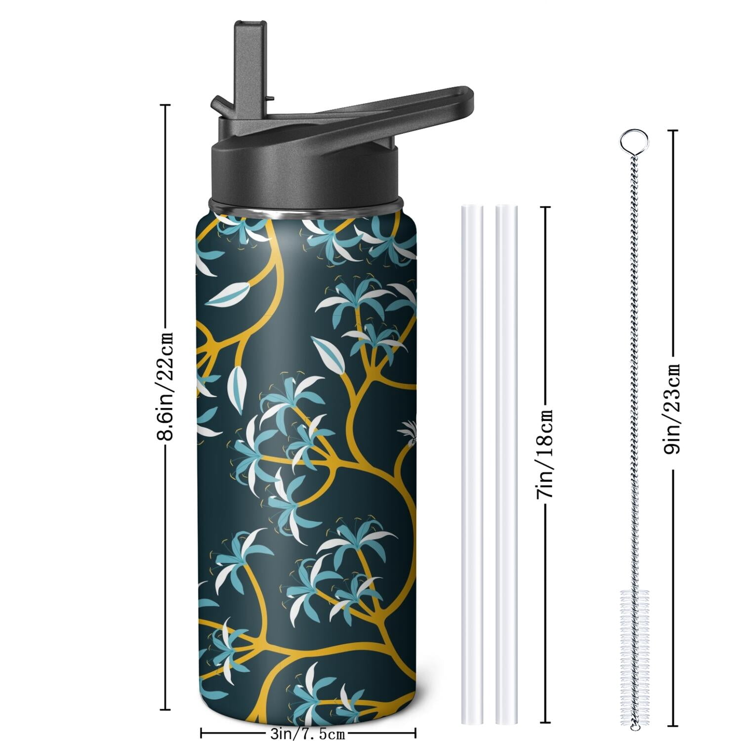 Modern 18 oz Insulated Stainless Steel Water Bottle with Straw & Cleaning Brush , Leakproof, BPA-Free, 304 Stainless Steel, Wide Mouth, Travel Mug for Car, Gym, Office