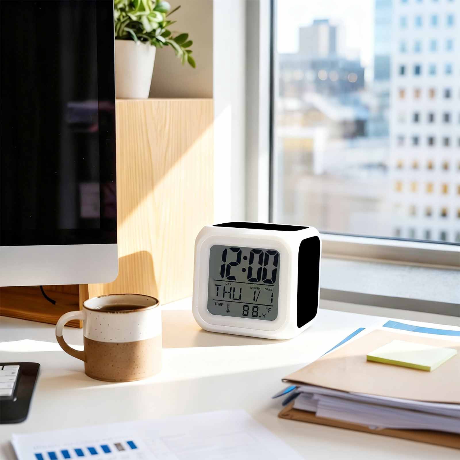 Black Digital Alarm Clock for Bedrooms, Smart LED Alarm Clock with 7 Color Changing Night Light, Pure Black Silent Wake Up Clocks for Sleep Study Cooking 3.2"x3.2"
