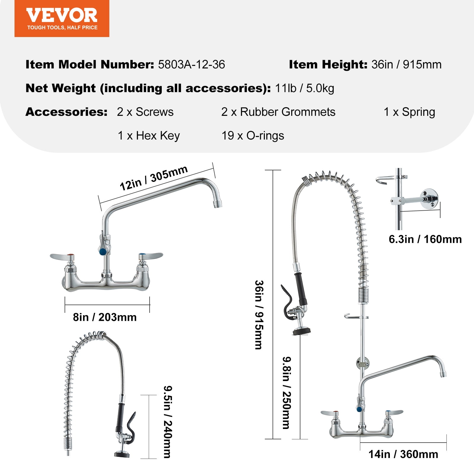 VEVOR Wall-Mounted Brass Kitchen Faucet, 36" Tall, 8" Installation Width, Includes 12" Rotating Spout and Pull-Down Sprayer, Suitable for Single, Double, or Triple Sinks
