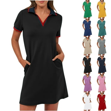 NXMZXB Women’s Polo Dresses 2025 Short Sleeve Casual Striped Color Block Collared V Neck Summer Tennis Golf Mini Shirt Dress with Pockets Black#01 S