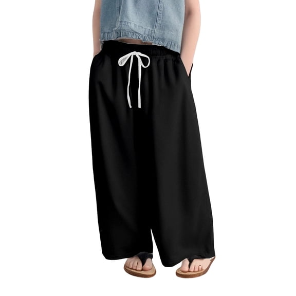 XQYLOS Girls Wide Leg Casual Pants Side Slit D𝖱awstring Elastic Waist Flowy Track Pants Breathable 𝖲tretch 4-14 Years Lightweight Lounge
