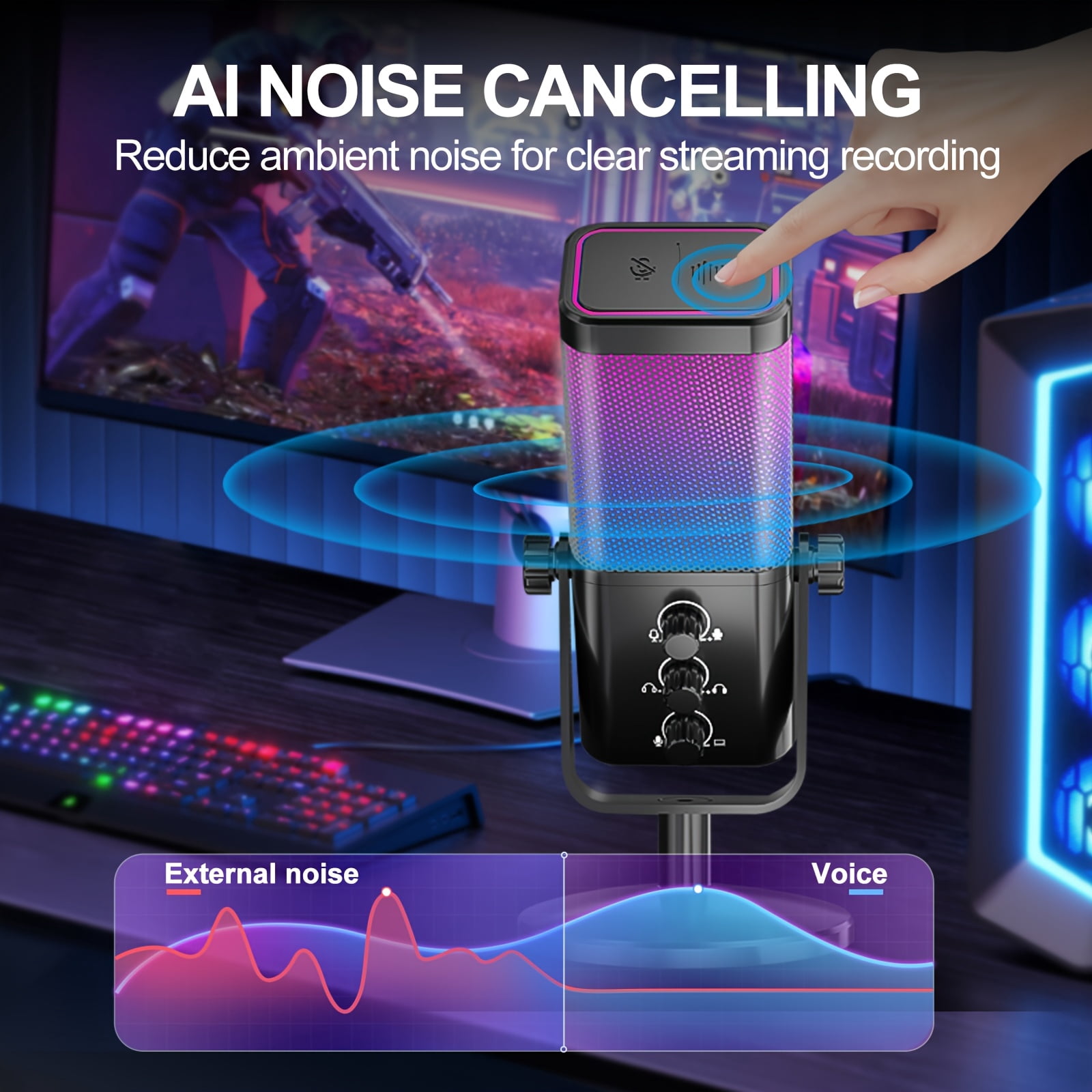 RGB Gaming Microphone with AI Noise Cancellation, USB Type C Studio Condenser Mic for Streaming, Discord, Podcast, PC/PS5/Mac, Game Voice Balance & Monitoring