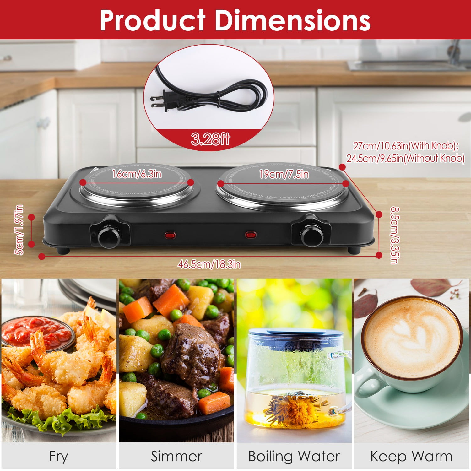 Electric Countertop Double Burner TeqHome 2000W Cooktop with 6.3" and 7.5" Glass Hot Plates Portable Temperature Control Cooking Stove for Home RV Camping Easy to Clean Black