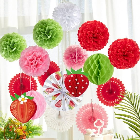 Strawberry Party Decorations Red Pink White Tissue Pom Poms Fans Honeycom Balls Lanterns Garland Classroom Berry Sweet Fruits 1st One Birthday Bridal Baby Shower Décor Supplies Girls