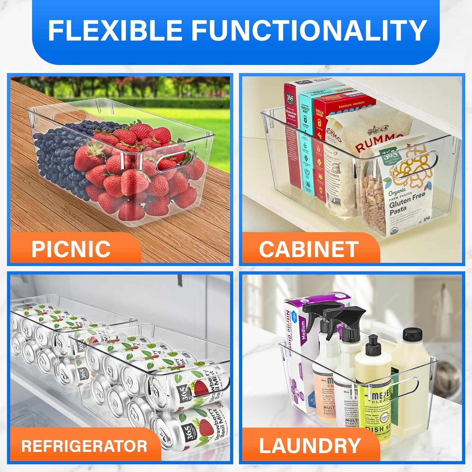 Stackable Refrigerator Bins - Set of 2 Large Capacity Organizers with Easy Grip Handles - Clear and Versatile for Kitchen Storage