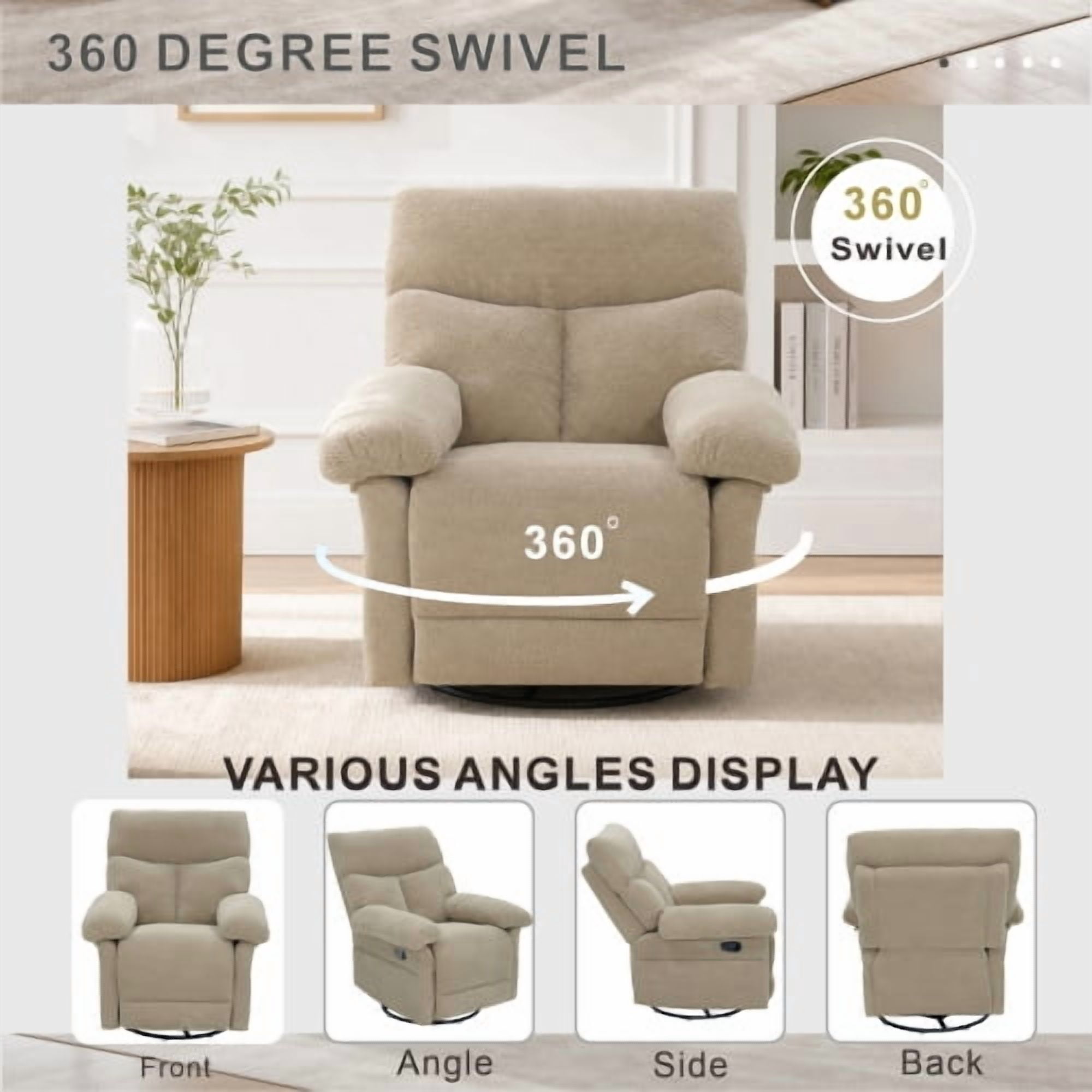 Modern Swivel Rocker Recliner Chair, Manual Overstuffed Glider Armchair with Textured Fabric, 360° Swivel & Rocking for Living Room and Nursery, Camel