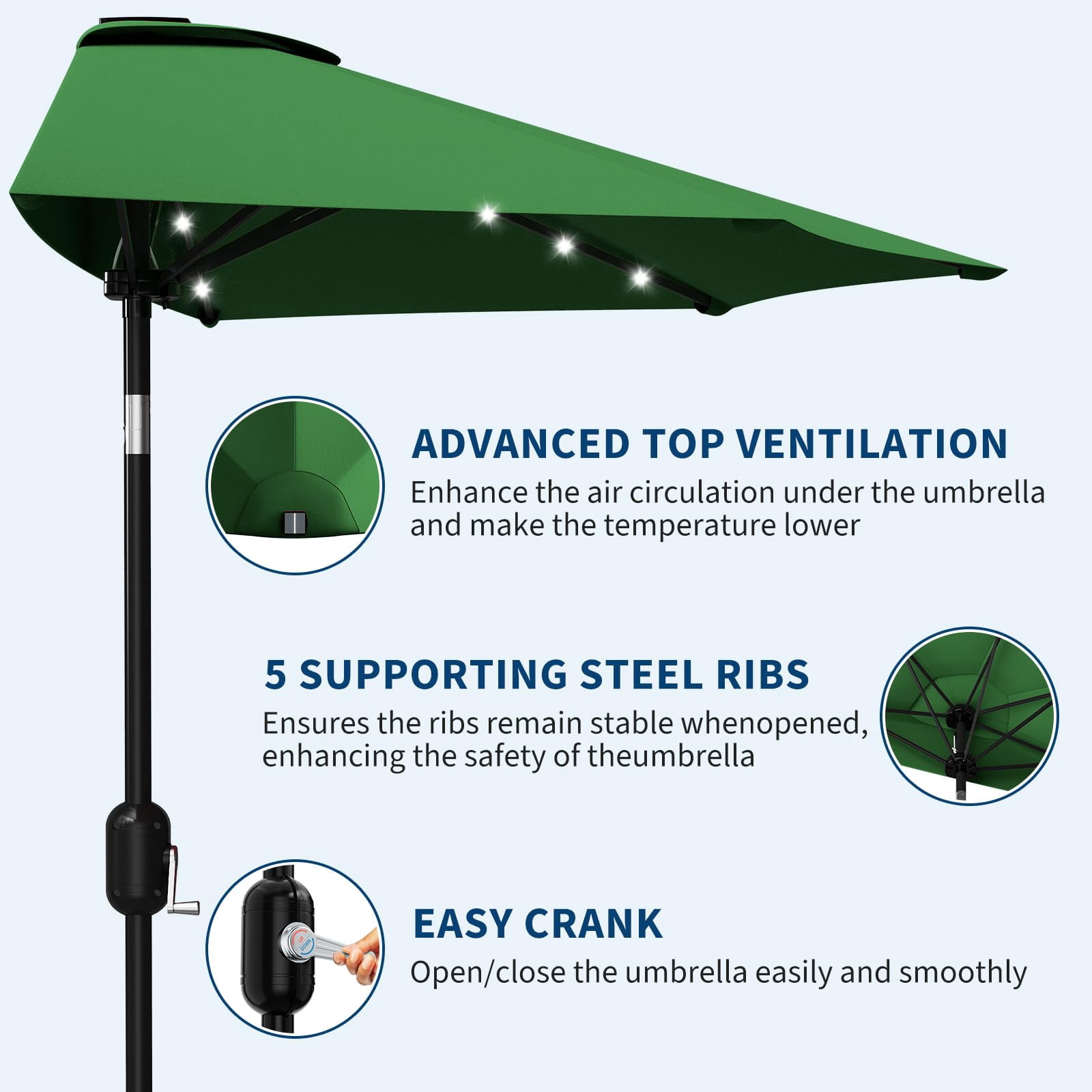Senfot 9FT Half Patio Umbrella with Solar LED Lights, Smooth Crank Lift Outdoor Shade Canopy, UV Resistant for Patio Backyard Deck, Dark Green