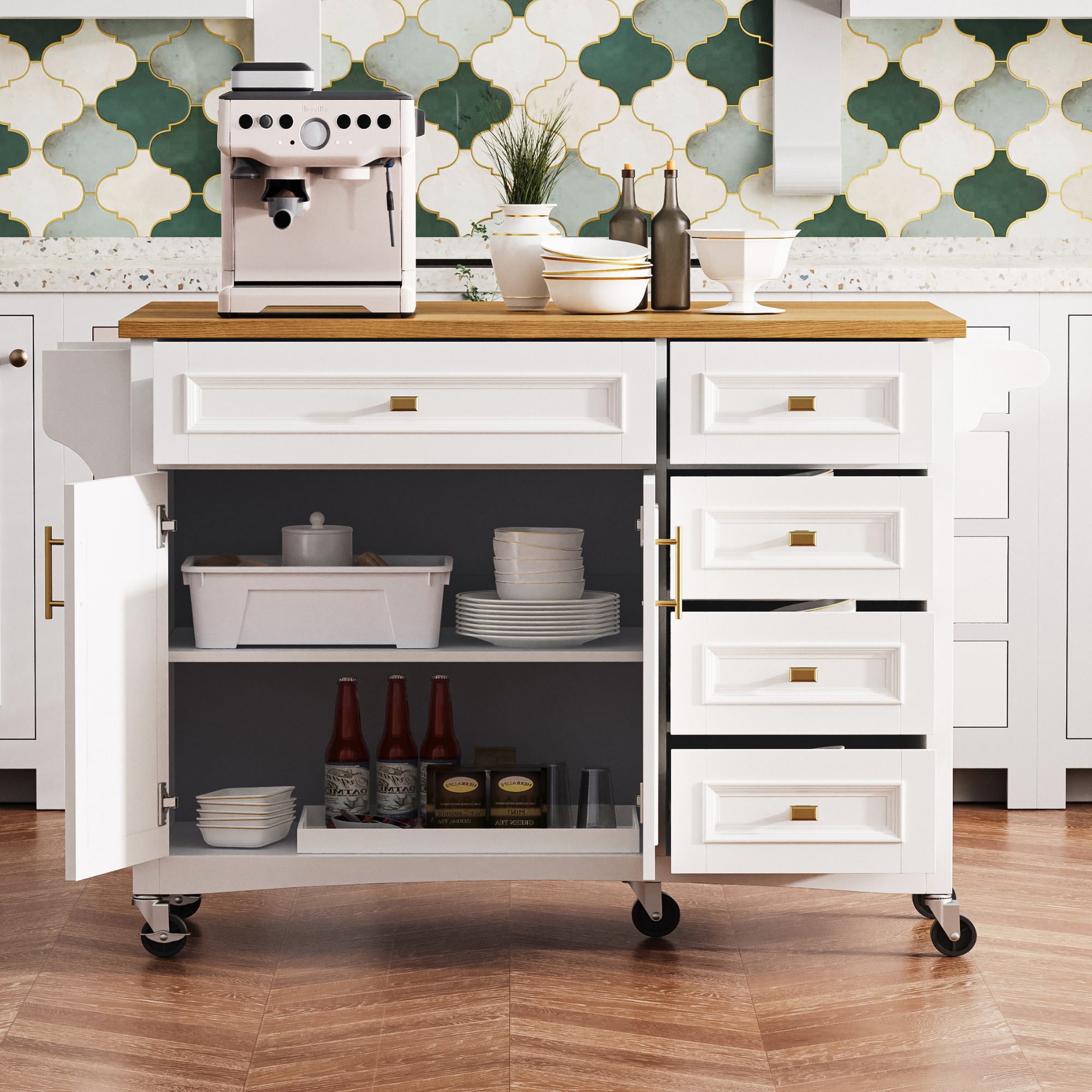 AENKYO 52'' Kitchen Island with Drop Leaf, Embossed Texture Kitchen Cart on Wheels with Spice Rack, Towel Rack, 2 Doors and 5 Drawers,Adjustable Shelf for Kitchen,White