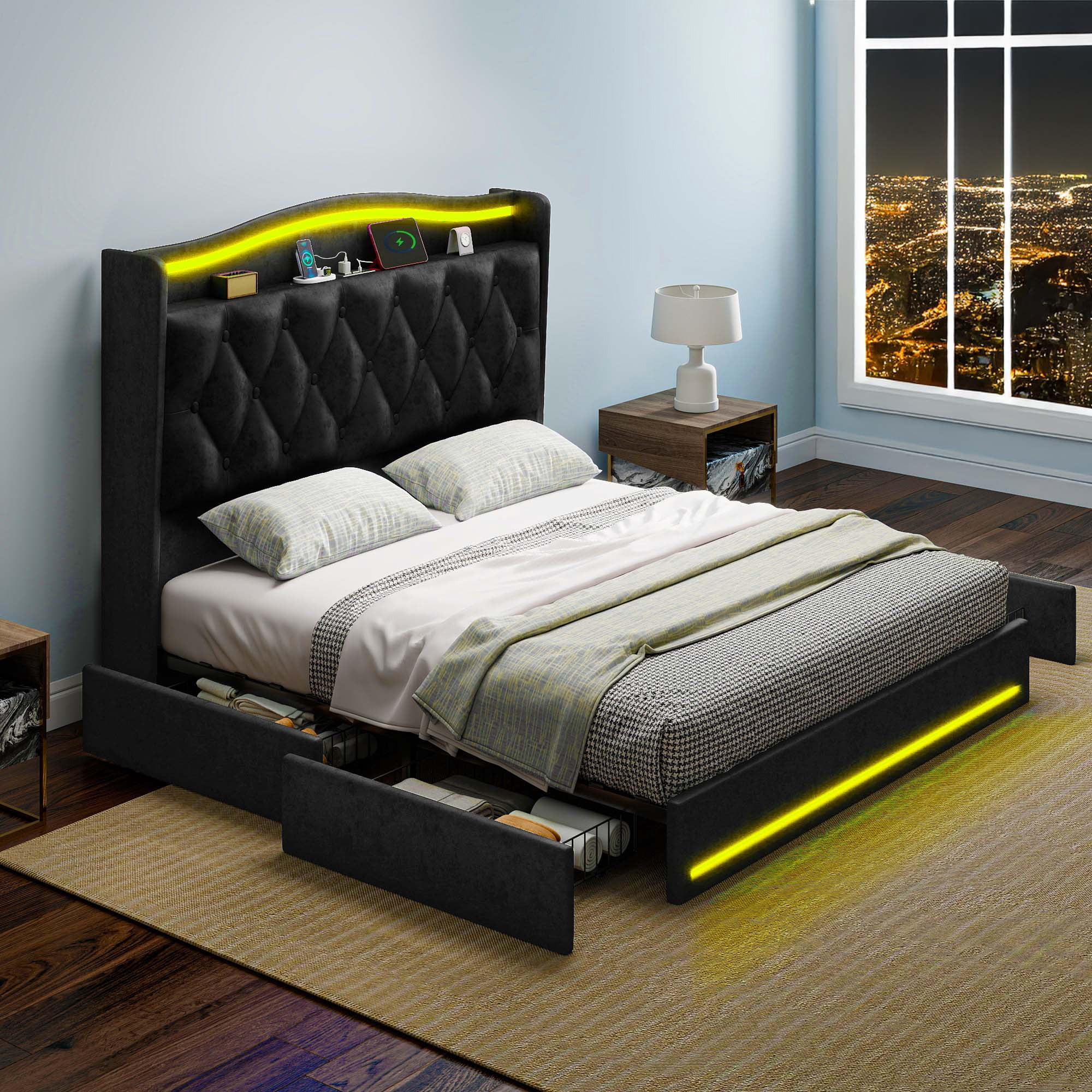 Uforic Queen Size Velvet Upholstered Bed Frame with RGB LED Ambient Light, Built-in Charging Station, No Box Spring Required, Cool Black
