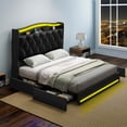 thumbnail image 2 of DEXTRUS Queen Size Upholstered Bed Frame with Power Outlets & LED Lights, Storage Bed Frame with Drawers & Tall Headboard, Black, 2 of 10