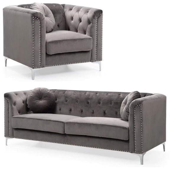 Home Square 2-Piece Set with Velvet Sofa and Chair in Dark Gray
