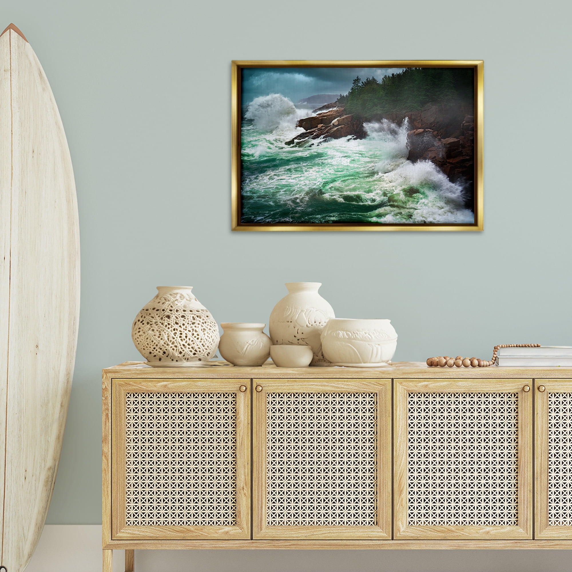 Stupell Industries Strong Crashing Waves Nautical & Beach Photography Gold Floater Framed Canvas Art Print Wall Art, 31 x 21