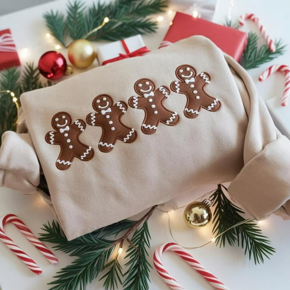 Embroidered Gingerbread Men Sweatshirt, Cute Christmas Cookie Crewneck,Matching Holiday Pullover, Festive Unisex Winter Sweater