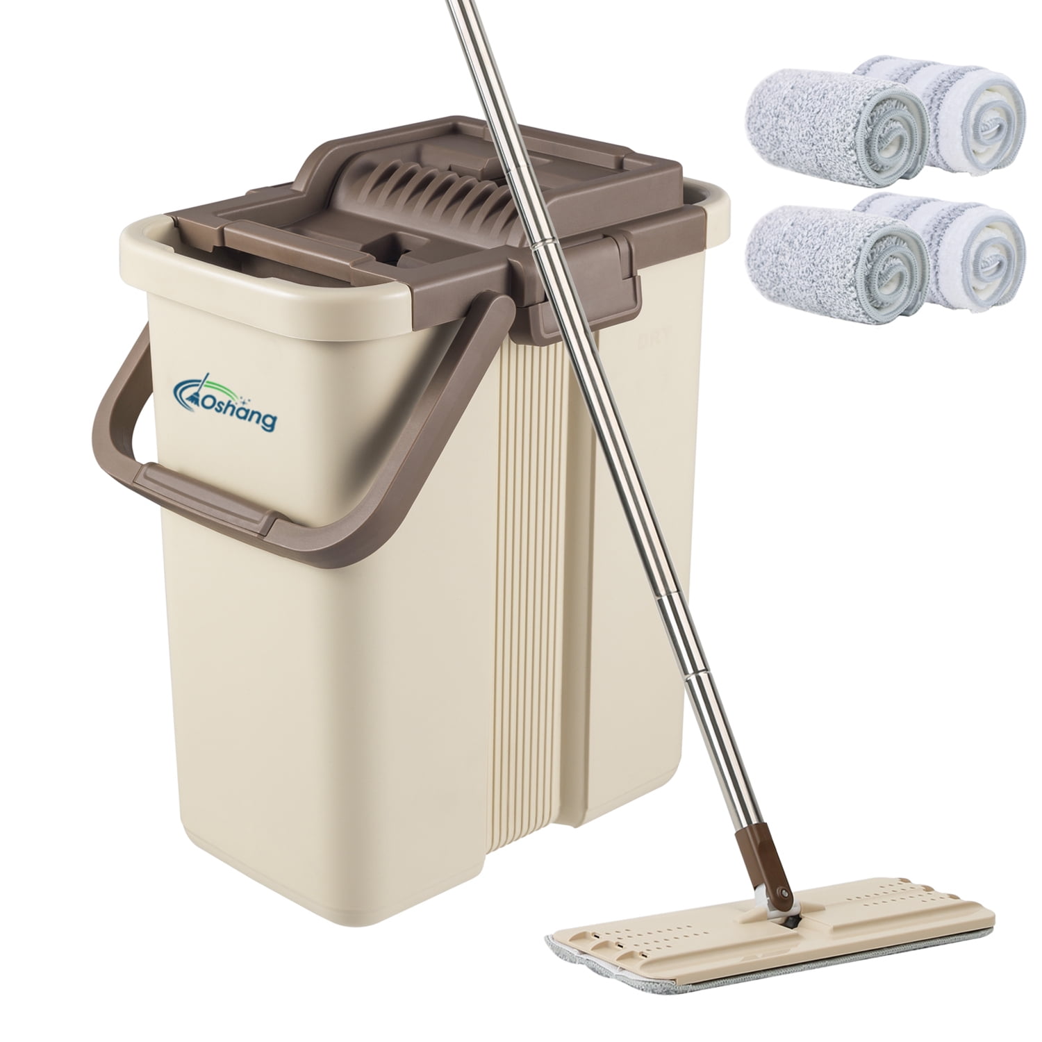 4 Microfiber Pads Hands Free Self Cleaning System Retractable Flat Mop Bucket 