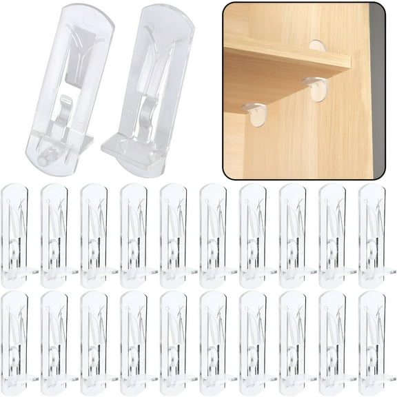 FACEGA 20pcs Plastic Locking Shelf Support Pegs,5mm Shelf Pins,Self-Locking Bracket Clips,Clear Shelf Pegs for Kitchen Cabinet Furniture Book Shelves,5mm Peg x 5/8" Thick Shelves