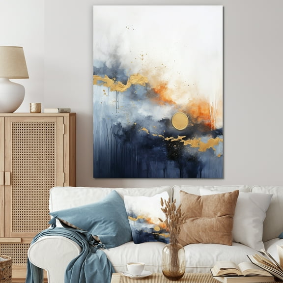Designart "Fluid Harmony Painting in Blue and Yellow I" Abstract Canvas Wall Art - Modern Blue Abstract Painting Entryway Wall Art Print