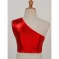 thumbnail image 4 of Raenseen Kids Girls Cheerleading Outfit Shiny Shirts One Shoulder Tops Sleeveless Crop Tank and Hip Red 10, 4 of 9