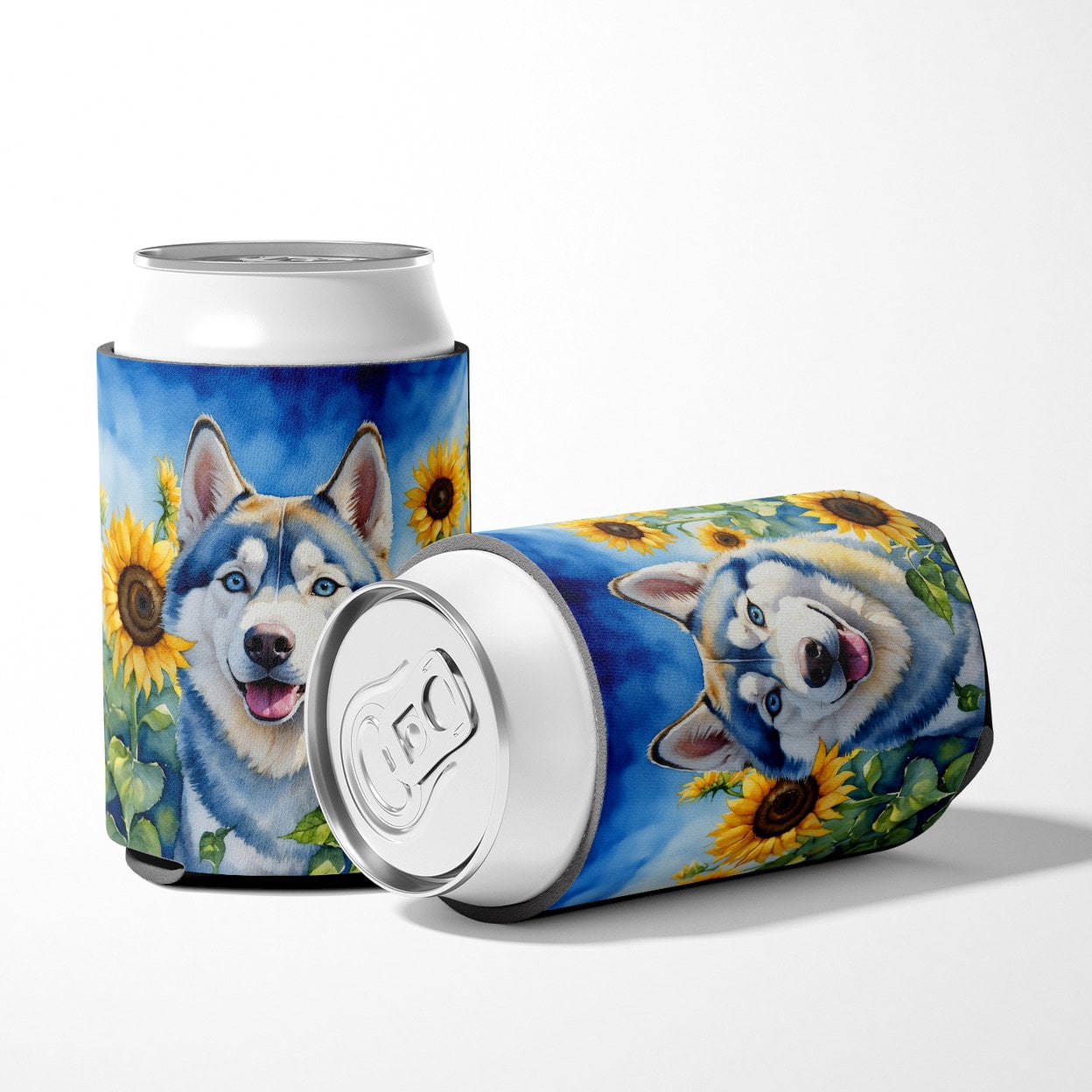 Siberian Husky in Sunflowers Can or Bottle Hugger 3 in x 5 in