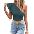 thumbnail image 2 of Camisas de Mujer con Volantes, Corta, Hombros Descubiertos, Corte Entallado, Cuello Alto, Punto Acanalado Azul Marino L, 2 of 8