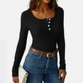 thumbnail image 6 of WTOBBY Women's Solid Color U-Neck Pullover Long Sleeve Slim Fit Top, Casual Layering Tee with Button Accent, Comfort Stretch Fabric for Base Wear,Black S, 6 of 6