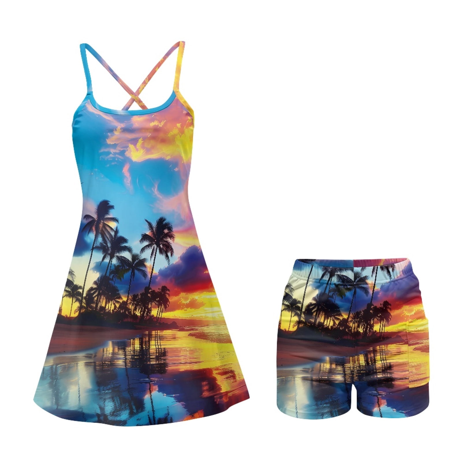 Yuyamidu Hawaii Seaside Womens Tennis Dress Built in Shorts, Summer Exercise Workout Dress with Pocket Coconut Tree Golf Athletic Dresses Size XS