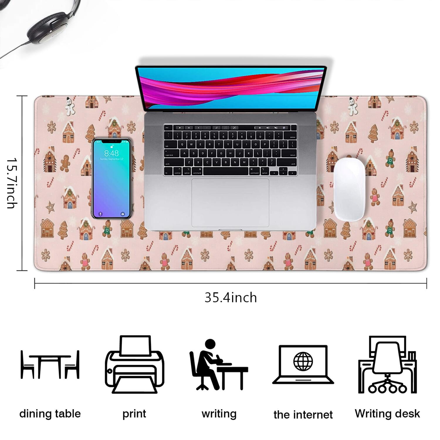 Long Mouse Pads for Desk,Pink Christmas Gingerbread House Pattern Desk Mats on Top Of Desks, Desk Mouse Pad Extra Large with 3mm Non-Slip Base and Stitched Edge for Gaming,Office,Work,Home 35.4x15.7in