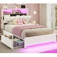 thumbnail image 2 of Twin Size Girl Bed with LED Lights & Charging Station,Platform Twin Size Princess Bed Frame with 4 Drawers, Velvet Upholstered Storage Headboard,No Box Spring Needed,Easy Assembly, Beige, 2 of 8