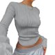 thumbnail image 1 of Gibobby Blusas moda Mujer Camiseta corta ajustada Sexy para mujer, camisetas ajustadas de manga larga con cuello redondo, camiseta recortada de punto superior, blusa Retro, ropa de calle（Gris， S), 1 of 4