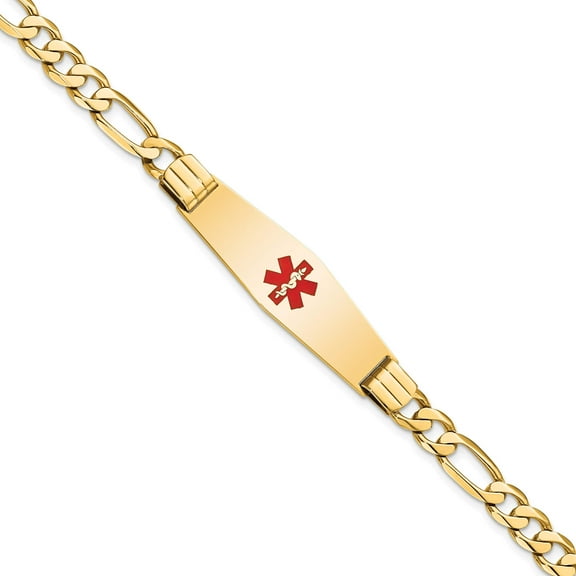 14K Yellow Gold Medical Soft Diamond Shape Red Enamel Flat Figaro Link Id Bracelet (7 X 13.5) Made In United States xm580cc-7