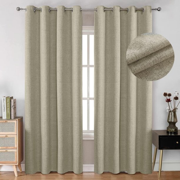 Lino Cortinas Blackout con Aislamiento Térmico, 100% Blackout y Ojal Superior Cortina para Recámara y Ventana de Sala, Capa Trasera de Revestimiento Gris, 2 Paneles, 132 x 213.3 cm, Natural
