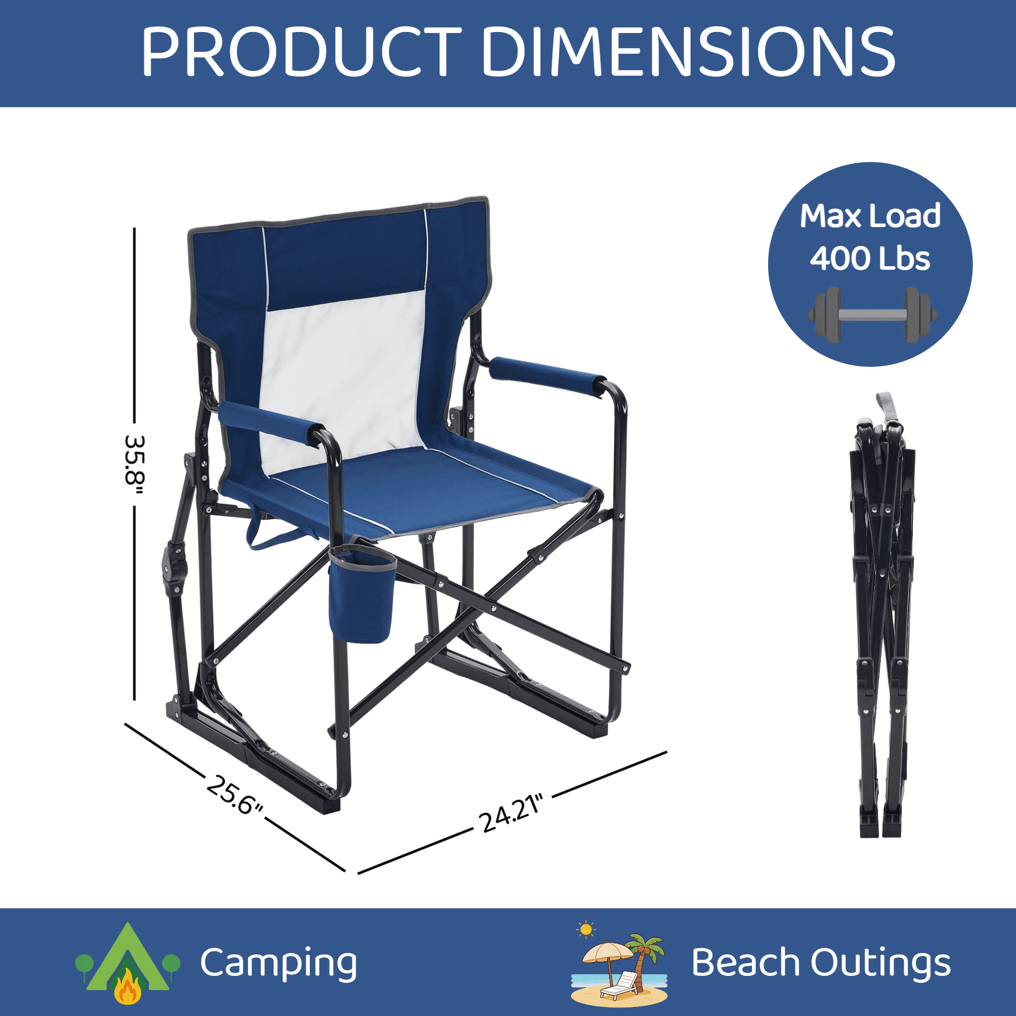 Blazezo Portable Folding Rocking Camping Chair, Outdoor Rocker with Drink Holder, Heavy Duty 400 lb Capacity, Breathable Mesh, for Lawn Patio