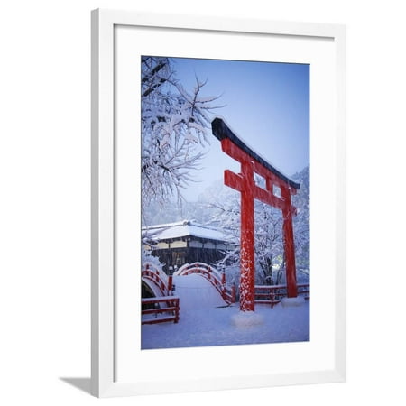 Blue hour in Shimogamo Shrine, UNESCO World Heritage Site, during the largest snowfall on Kyoto in Framed Print Wall Art By Damien