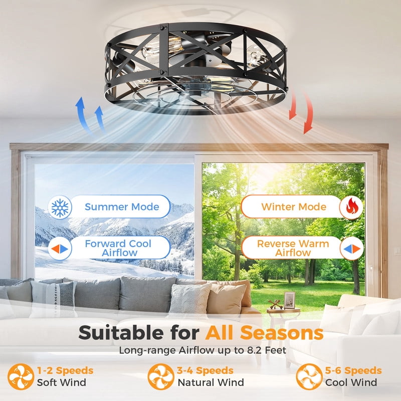 Gianna 19 Inch Ceiling Fans with Lights, Caged Ceiling Fan with Remote, Farmhouse Low Profile Fandelier, Flush Mount for Living Room Bedroom,6 Wind Speeds, Black
