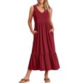 thumbnail image 4 of Lucakuins, vestidos midi de verano para mujer, moda de vacaciones, cuello en V, color sólido, sin mangas, playa, vestido acampanado Lucakuins moda, 4 of 9