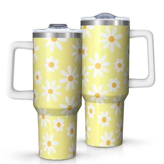 1pc Daisy 40oz Tumbler with Straw & Handle - Insulated Stainless Steel Cup | Holiday Gift for Man Women (Christmas, Valentine's, Birthday)