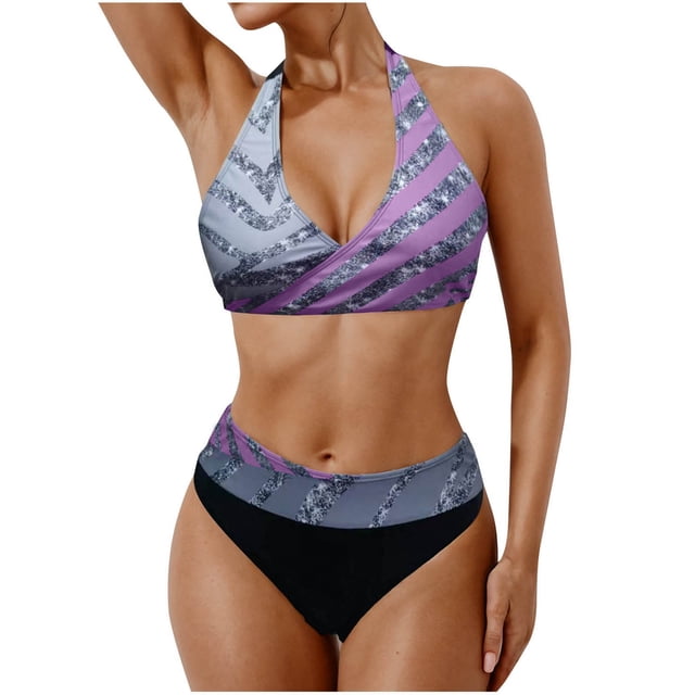 Conjunto de Bikini de Cintura Alta para Mujeres Bloque de Color Impresión Suspendentes Ajustables sin Espalda, Conjunto de Trajes de Baño Sexy de Corte Alto