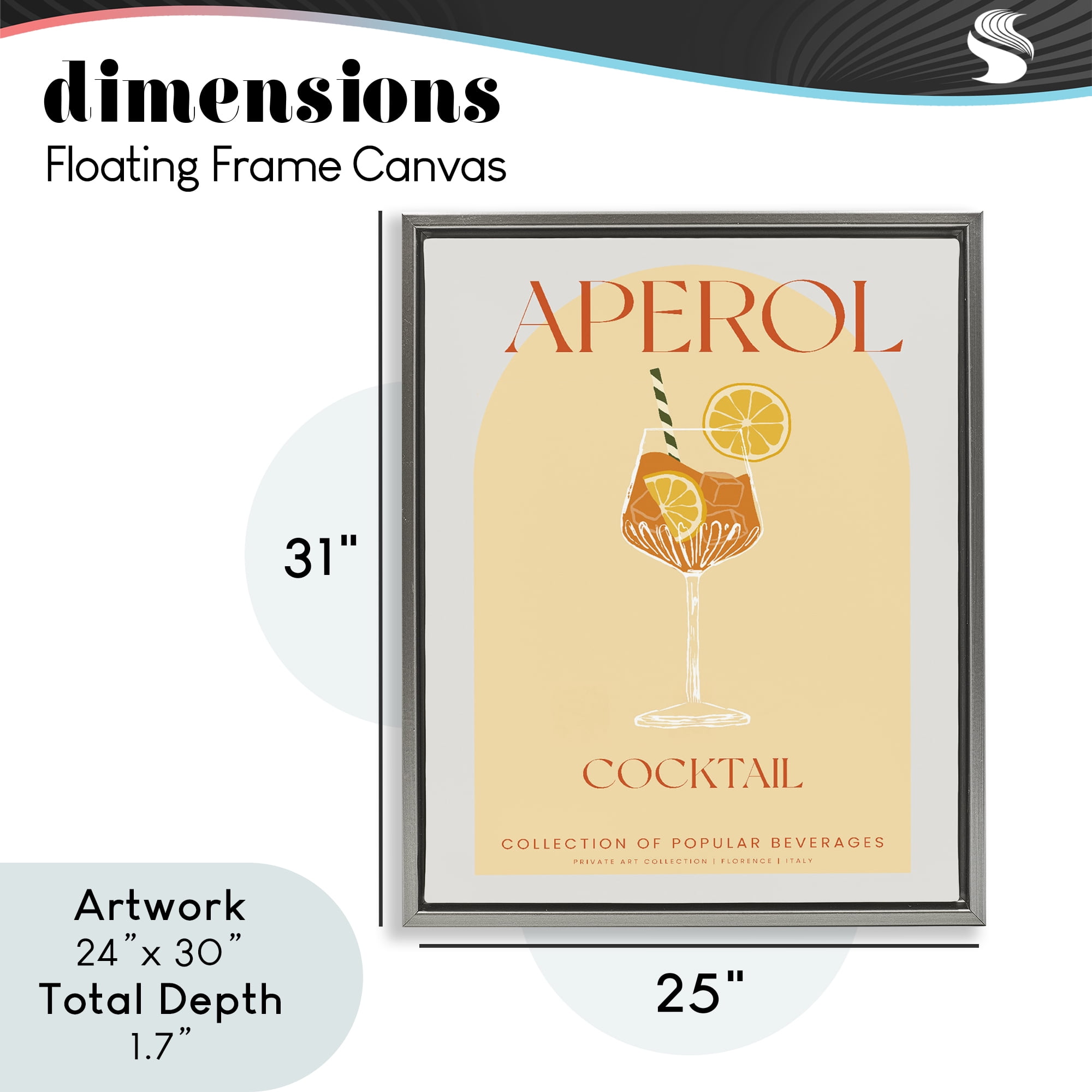 Stylish Retro Aperol Cocktail Gray Framed Floater Canvas Wall Art, design by Lil' Rue