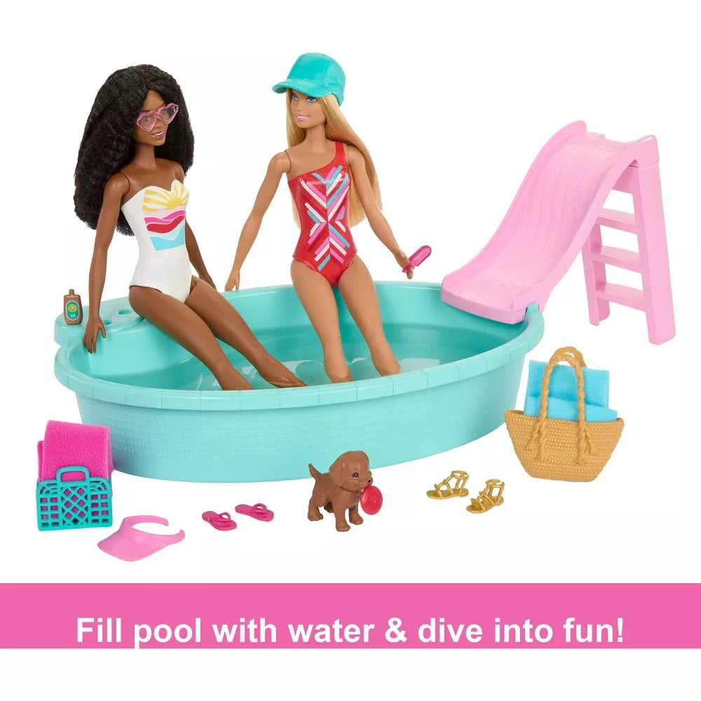 Barbie Playset with 2 Fashion Dolls, Convertible Toy Car, Pool with Slide & 15 Accessories Including Pet
