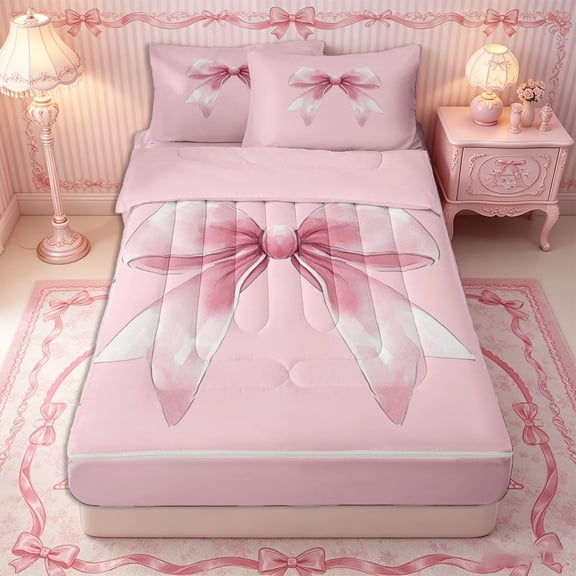 Erosebridal Minimalist Watercolor Bow Zipper Twin Comforter Sets with Fitted Sheet and 2 Pillowcases,Soft Solid Backdrop Zipper Bedding Set,Blush Pink,4-Piece,Pink Reversible