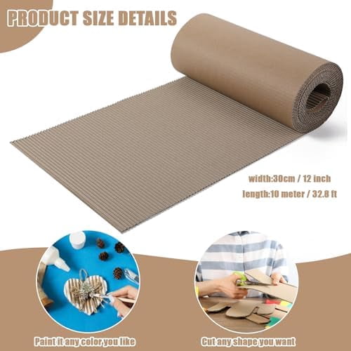 Corrugated Cardboard Roll 12 x 394 Inch Singleface Corrugated Paper Roll Heavy Duty Large Corrugated Wrap Paper Sheet for Christmas Gift Packing, Storage, Shipping, DIY